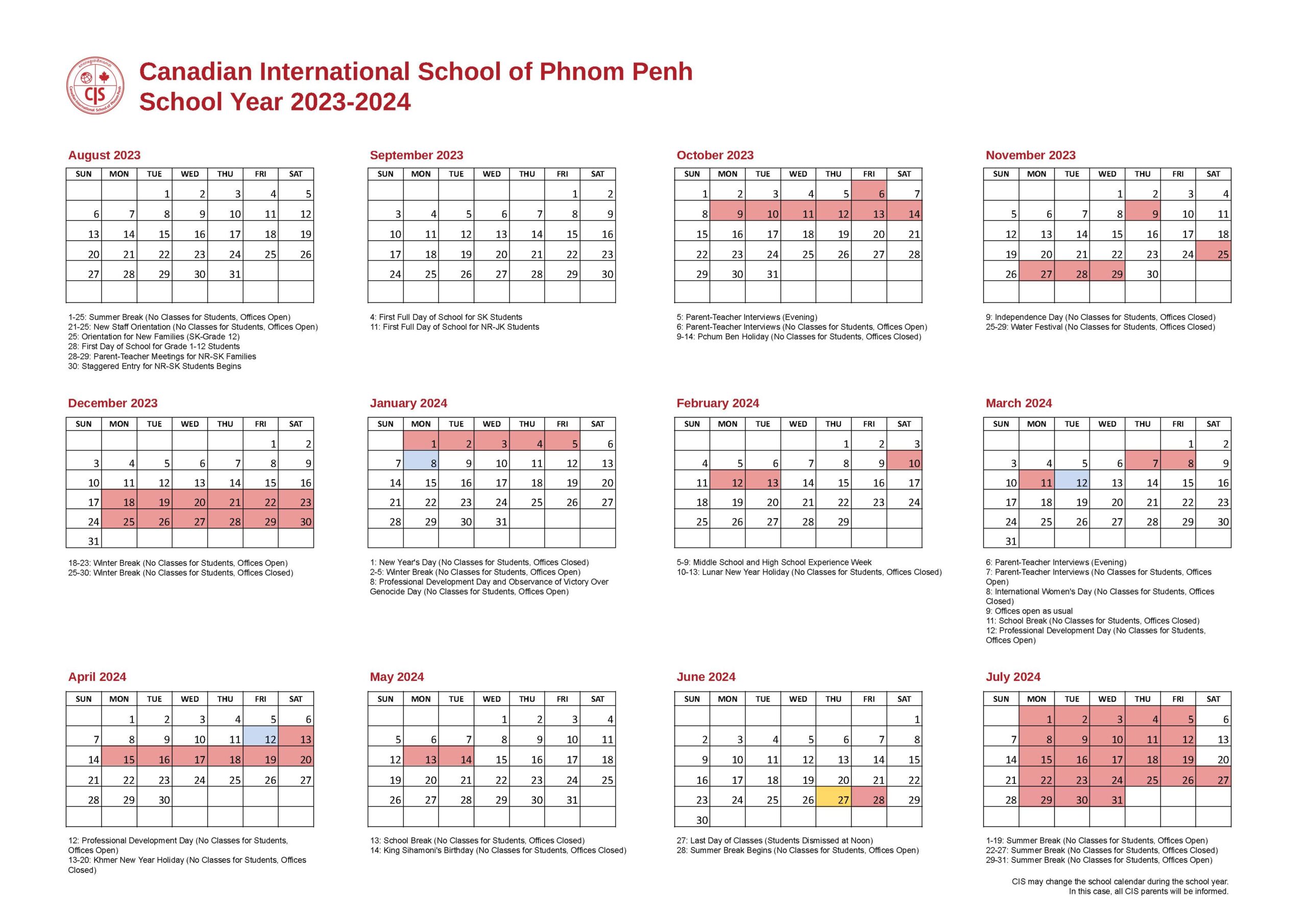 Calendar Canadian Int'l School of Phnom Penh